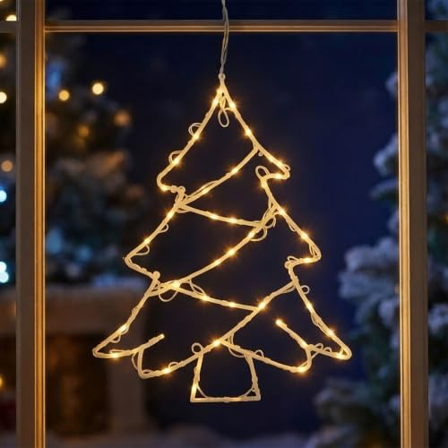 Spetebo LED Fenster Silhouette XXL in 48x42 cm - Tannenbaum - klares, gemütliches Licht - Fensterbild mit Saugnapf und Batterie betrieben mit Dual Timer