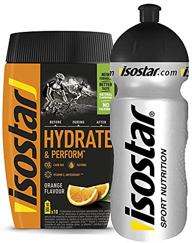 Isostar Hydrate & Perform Iso Drink - 400 g de poudre pour boisson isotonique - Poudre d'électrolyte pour soutenir la performance sportive - Orange + bouteille de 0,5 litre