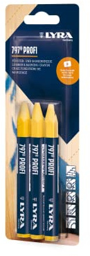 LYRA 797® Lot de 3 craies professionnelles jaunes | hexagonal, 12 x 120 mm, revêtement en papier, marquage résistant aux intempéries sur le bois