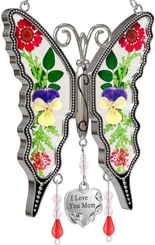 KY&BOSAM Gifts for Mom Butterfly Suncatcher I Love You Mom Stained Glass Sun Catcher Hanging for Window Wind Chime Pressed Dried Flowers Engraved and Metal Charm Mothers Day Valentine's Birthday Decor
