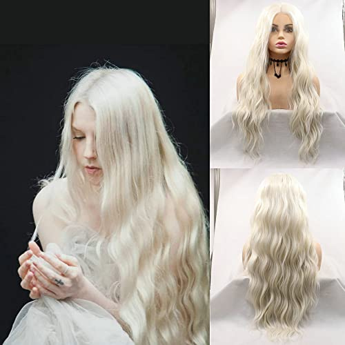 SereneWig 24 Damenperücke gewellt langes Haar weißblond Kunsthaar Lace-Front für Festivals Cosplay Party Pastellblond natürliche Farbe Täglicher Gebrauch mittlerer Teil