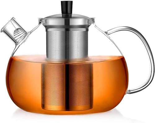 ecooe Original 2000ml Silberne Teekanne aus Glas Borosilikat Glas Teebereiter mit Abnehmbare 18/8 Edelstahl-Sieb Rostfrei Hitzebeständig für Schwarzen Tee Grüner Tee Fruchttee Duftender Tee Teebeutel