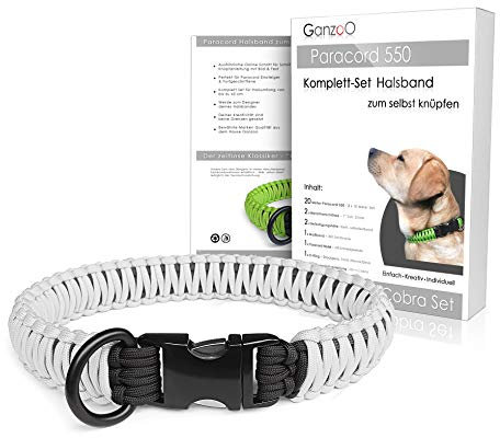Ganzoo Paracord 550 hundhalsband pysselset att knyta, vit, typ 3 nylon 4 mm med 7 kärnor, 2 färger, 2 klickspännen metall 1 tum, D-ring stål 40 mm, skräddarmåttband, QR-instruktion, max 65 cm