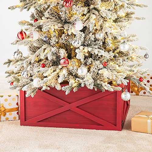 Glitzhome Wooden Box Collar Stand Cover Christmas Tree Skirt, 22 L, Red