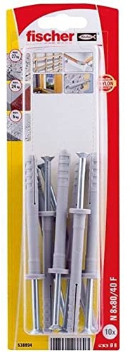 fischer - Cheville à frapper N 8x80/40 F avec collerette épaisse et clou tête plate/Blister de 10