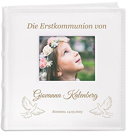Maverton Einsteckalbum mit Aufdruck - 21x22cm - Fotoalbum für 200 Fotos 10x15cm - 100 Seiten - Weiß - Geschenk für Kind zur Geburt Taufe Kommunion, Geburtstagsgeschenk - Tauben