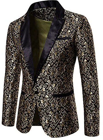 GUOCU Herrjacka, kavaj, slim fit, jacquard, broderad, casual, kavaj, smokingjacka, bröllop, kavaj, middag, smoking, jacka för fest, Guld, L