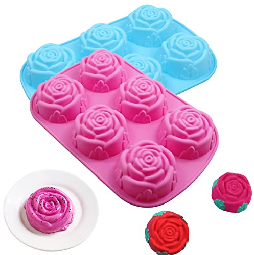 2 Pack Silicone Rose Mold for Handmade Soap Large Rose Flower Soap Mold Cake Chocolate Mould Pudding Tray for Candy Muffine Jelly Soap Cake Ice Cube Baking Tools（Pink/Blue）