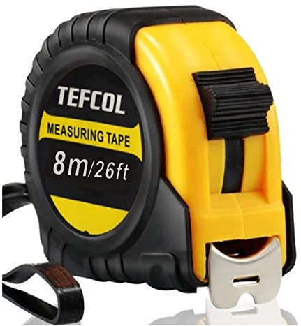 TEFCOL Retractable Tape Measure 8m 26Ft, Heavy Duty Nylon Coated Measuring Tape, Imperial and Metric Measurement with Metal Belt Clip (Black Yellow)