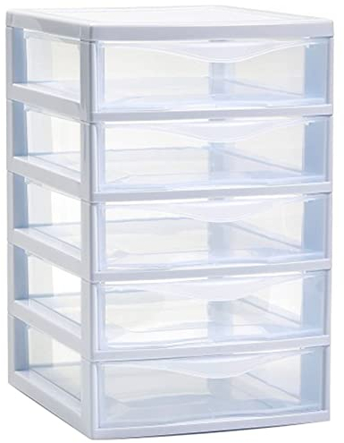 AC - Cajonera de Almacenamiento Guadiana con 5 cajones, Torre de Almacenamiento Multiusos para Oficina, hogar, Escuela, etc. 28 x 18 x 21,5 cm. Color Blanco. Modelo Aleatorio