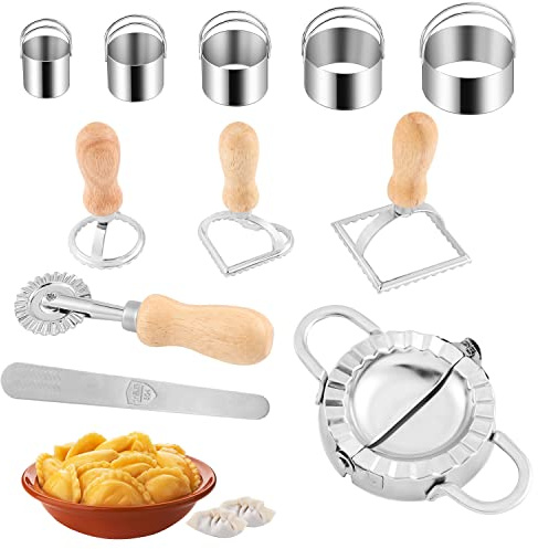 Moongiantgo Ravioli Ausstecher Knödelmacher Teigtaschenformert (Ausstecher, Knödel-Wrapper-Form, Löffel zum Füllen von Fleisch & Rollenschneider mit Kurzem Griff, Klein Rund, Herzförmig, Quadratisch)