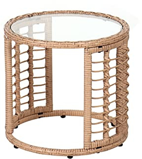 JOIVI Outdoor Wicker Side Table, All-Weather Patio Rattan End Table with Glass Top, Round Coffee Table for Indoor Outdoor Backyard Lawn Balcony Pool