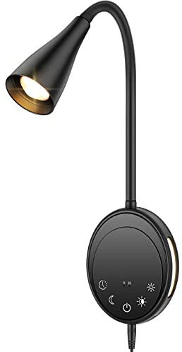 SANKEDOU Wall Mounted Reading Light, Bedside Headboard Lights with 5 Dimming & Color Temperature, USB Output, Night Light & Timers Function, Flexible Gooseneck 3000K-6000K Upgrade Bed Lamp (Black)