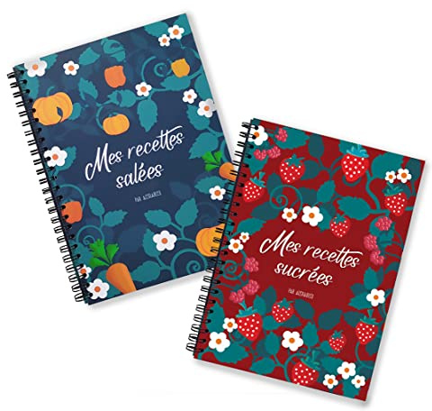Duo Cahiers de Recettes Salées et Sucrées à Remplir, A5, Format 14,8 x 21 cm, 50 Recettes, Reliure Spirale, Couvertures en Carton Souple