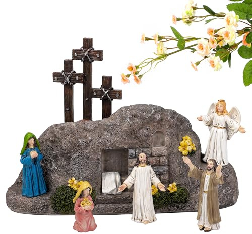 Fovths 7 Pack Easter Resurrection Scene Cross Table Decor Easter Resin Tabletop Ornaments Jesus Statue Centerpieces Decor for Home Kitchen Holiday Decoration