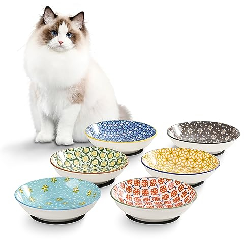 Napf Katze Keramik Katzen Futternapf - Blumenserie Bunte Katzennäpfe 6er Set - Katzenfutter Napfset mit Rutschfester Matte - Katzennapf Flach - Fressnapf Katze - Katzenteller - Katzenschüssel - 250 ml