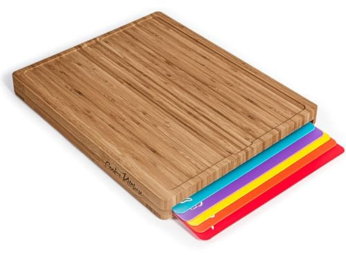 Cooler Kitchen Bamboo Wood Cutting Board Set with 6 Color Coded Flexible Plastic Chopping Mats with Food Icons, Wooden Cutting Boards for Kitchen, Wooden Chopping Board Non Toxic Dishwasher Safe