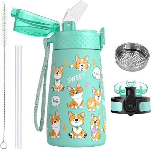OLDLEY 350ml Kinder Edelstahl Wasserflasche mit Stroh für Schule mit 2 verschiedenen Deckeln, Metall Vakuum Isolierte Wasserflaschen für Jungen Mädchen Kleinkind Kinder Heiße kalte Getränke BPA frei