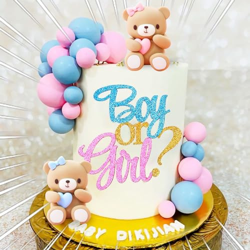 JeVenis Gender Reveal Party Deko Boy or Girl Tortendeko Babyparty Dekoration Teddybär Kuchen Dekoration Teddybär Geburtstagstorte Deko
