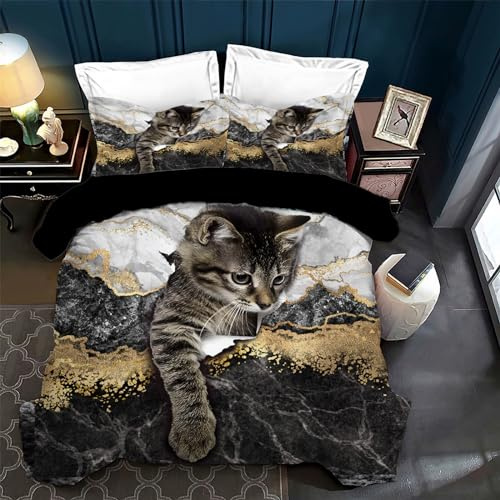 Funda nórdica de Matrimonio 135 x 200 Gatos, 3D Juego de Ropa de Cama para Gatos Lindos 3 Piezas, Incluye 1 Funda nórdica y 2 Fundas de Almohada 50 x 75 cm (B, 135x200cm)