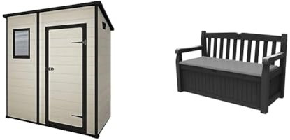 Keter Manor Outdoor Pent Single Door Garden Storage Shed 6 x 4ft & Eden Bench 265L Outdoor 60% recycled Garden Furniture Storage Box Graphite & Light Grey