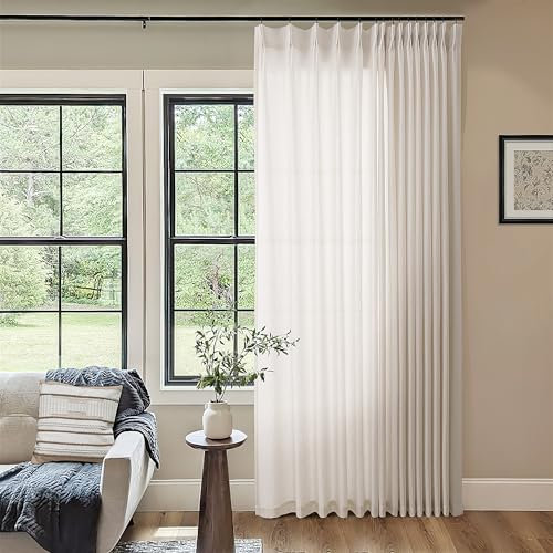 Cream Patio Sliding Door Curtains 100 Width 102 Inches Long Pinch Pleated Curtain Drape with Hooks Rings Light Filtering Semi Sheer Extra Wide 100x102 Drapes Panel for Living Dining Room Ivory Birch