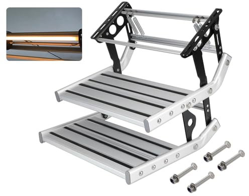 Gradini per rimorchio a doppio gradino in alluminio pieghevoli con luce a led da 12 V, antiruggine antiscivolo, per camper camper camper roulotte da viaggio, con luce