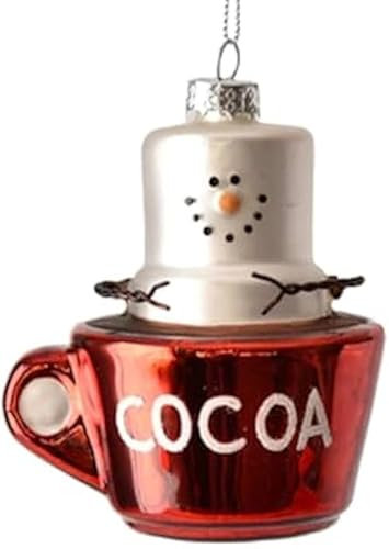 The Bridge Collection Kakaotasse aus Glas mit charmantem S'Mores Schneemann Marshmallow-Aufsatz, festliche rote Tasse, Weihnachtsbaum-Dekoration für Feiertagsstimmung, 8,9 cm
