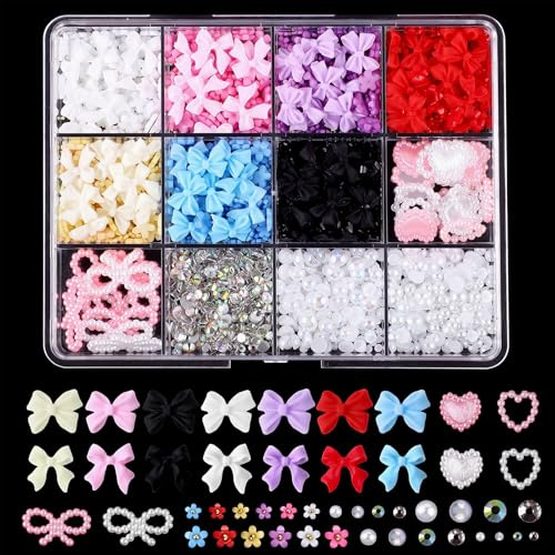 1000 Stück 3D Nageldekorations Sets, Nagel-Charm-Schleife, Liebes-Herz-Blume, Nagel Charms mit Perlen, Nail-Art-Dekorationen für Nagelkunst Handwerk Und Dekoration