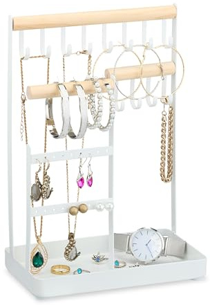 Relaxdays Porte-Bijoux, Rangement pour Colliers et Boucles, présentoir à Bijoux en Bois et métal, Blanc/Naturel