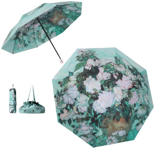 Meichoon UPF50+ Ombrello con una borsetta Protezione UV Portatile Leggero Impermeabile Doppio Strato Parasole Migliorato Antivento Retro Classico Fiore Vintage Stile Donna Viaggio