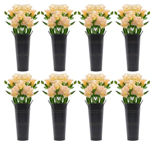 Galvanized Flower Bucket, 8 Pcs Rustic Floral Metal Vases, with Handlesr, Rustic French Tin Planter Buckets for Home Wedding Table Centerpiece Deco (Black, 9 Inch)