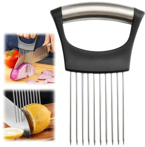 Upgrade Onion Holder for Slicing, Stainless Steel Lemon Slicer Onion Cutter for Slicing, Vegetable Cutter for Potato and Tomato, Avocados, Eggs, Meat, Kitchen Chopper Slicings Tool (Black, 1PC)