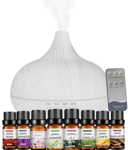Nest & Nibble 500ML Essential Oil Diffuser White Wood + 8 Oils Ultrasonic Cool Mist Humidifier Remote Control, 7 LED Colors, Timer Aroma Diffuser for Home, Bedroom, Office, Spa & Wellness Gift