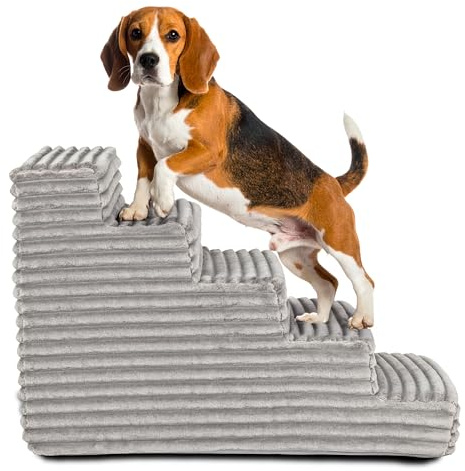 Hundetreppe 50 cm hoch | Katzentreppe Haustiertreppe | 5 Stufen | Hunde Katzen Haustier | für Bett und Auto | Trepp für kleine Hund | Plüschbezug | Farbe: Hellgrau