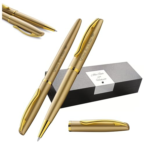Pelikan Schreibset Jazz® Noble Elegance K/R36 Kugelschreiber und Tintenroller mit Gravur Geschenk - einzigartige Stifte mit Namen - personalisierte Geschenke (Gold Gelb)