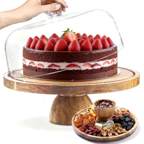 Houbobo 12 Inch Cake Stand with Dome Lid, Acacia Wood Cake Board with Acrylic Dome Cover, Versatile Wooden Dessert Table Display Set & Charcuterie Board for Birthdays, Weddings, Parties, Baking Gifts