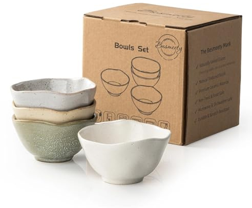 Besmeety Keramik Dessertschalen 4 er Set, Dipschalen Set, Snackschale, Dip Schälchen, Tapas Schalen, Kleine Schüsseln, Keramik Schale, Sojasauce Schälchen, 10.5cm