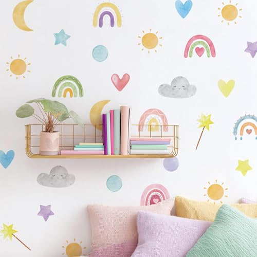 Neukids Boho Regenbogen Wandtattoo,Wandaufkleber Herzen Sonne Wandsticker | 92 Stück Selbstklebende,Deko kinderzimmer Mädchen Babyzimmer Mädchen Schlafzimmer wohnzimmer Kindergarten Fenster Wanddeko