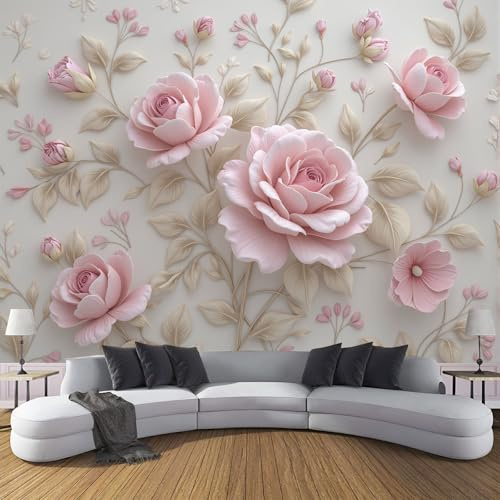 Carta da parati Sollievo Rosa 300×210cm Fotomurali in TNT Murale alla Astratto Country Floreale Decorazione da Muro XXL Poster Gigante Design Carta pareti Soggiorno Rosa