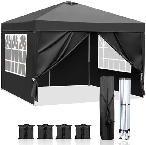 LEADZM Pavillon 3x3m,Pop-up Faltpavillon,Stabil,Wasserdicht, Winddicht,Höhenverstellbar,Entlüftung,UV Schutz 50+,mit 4 Seitenteilen und 4 Sandsäcke,Schwarz