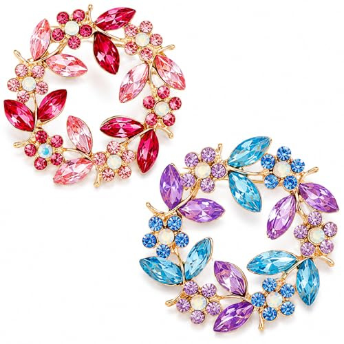 Kaizuca 2-pack kransbroscher för kvinnor, kristallbrosch med färgglada strass, elegant tillbehör för bröllop, dans och fester, presentidé