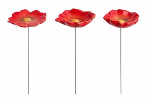 finehomegarden Blüte Mohnblume Gartenstecker Insektentränke Ø8/8,5/10cm Stab 48cm Keramik rot 3fach sort. Stecker Blütenstecker Garten
