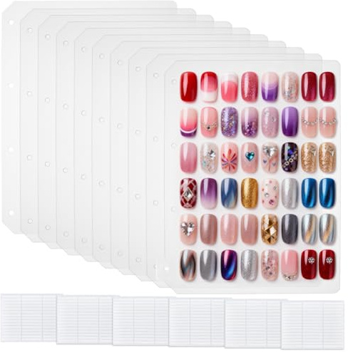 FINGERINSPIRE 10 Feuilles Pages d Insertion pour Organisateur Ongles avec 6 Rubans Adhésifs Double Face 22x29.4cm Feuille d Insertion Classeur Plastique PP pour Recharge Livre Ongles Press on Pages
