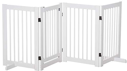 PawHut Barrera de Seguridad para Perros de Madera Plegable con Soporte de Pie, Valla para Perros Pequeños y Medianos de 4 Paneles para Escaleras y Puertas, Uso Interior, 204x36x75 cm, Blanco