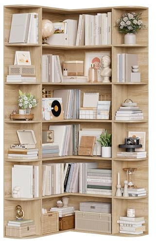 FirFurd 185 cm Eckregal Bücherregal Ecke Eckschrank mit 6 Ebenen Eiche | Eckbücherregal stehend, Bücherschrank L-förmig, Eckvitrine für Arbeitszimmer, Wohnzimmer, Bibliotheken, 80 x 84 x 185 cm