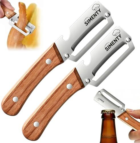 SIMENTY 2-in-1 Gemüseschäler mit Flaschenöffner, Edelstahl Schälmesser mit ergonomischem Holzgriff,Multifunktionaler Sparschäler für Kartoffeln,Äpfel,Gurken und Kürbis(2pcs)