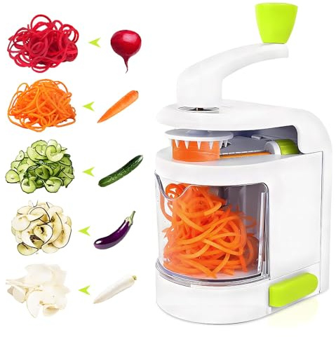 BIZOI Spiralizzatore di Verdure, 4 in 1 Affettatrice a Spirale con Contenitore di Raccolta, Senza BPA, Affettatrice a Spirale Manuale per Zucchine Cetriolo Carote Tagliuzzati Cetrioli Patate Cipolla