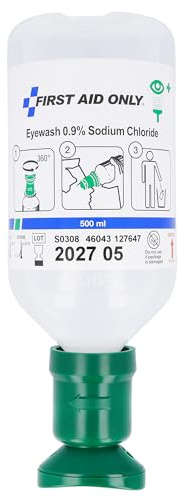 First Aid Only Flacon de rinçage oculaire 500 ml de solution de chlorure de sodium (0,9%), Douche oculaire de premiers secours avec solution saline, P-44011 00