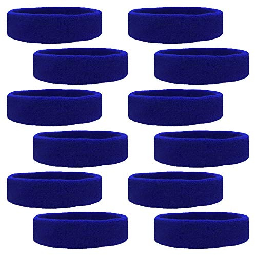Kenz Laurenz 12 Sweatbands Cotton Sports Headbands Terry Cloth Moisture Wicking Athletic Basketball Headband (12 Pack) (Blue 12 Pack) Fits Most